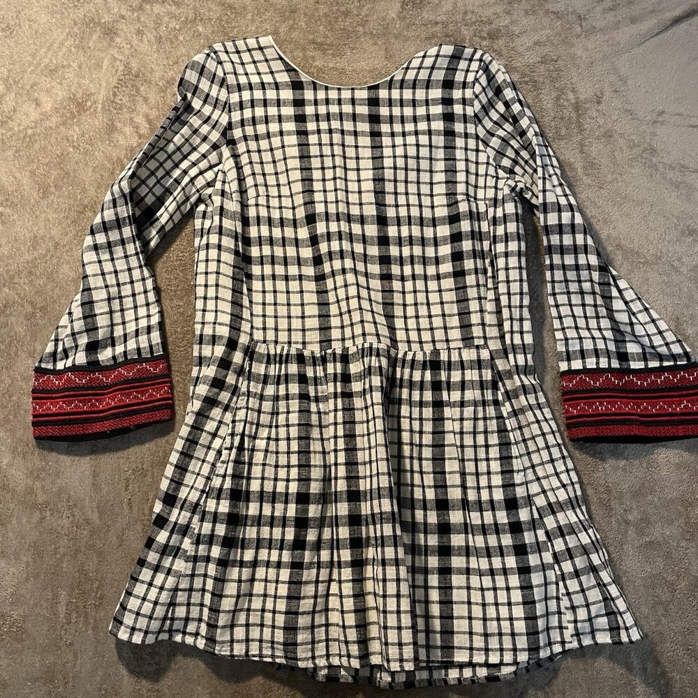 Zara Trafaluc Dress Womens Sz M Checkered Plaid Embroidered Drop Waist‎ Mini Red - Picture 2 of 9